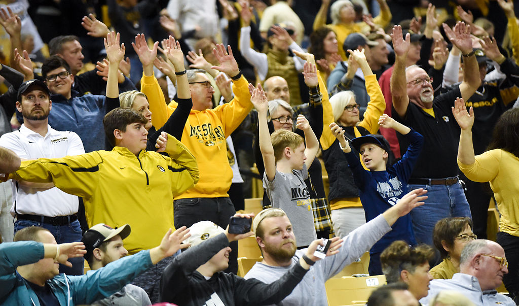 Missouri fans dance along to the Missouri waltz in the first half
